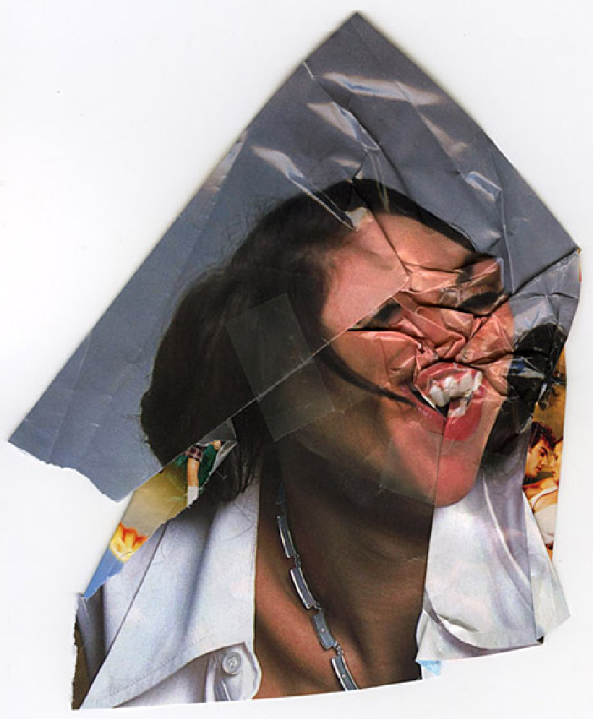 Scan of a folded fashion magazine page displaying the portrait of a dark hair person looking to the right The folds are messing with the facial features hiding the eyes, smashing the nose and mouth, making the teeth prominent.